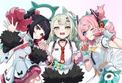  3girls angels_of_delusion aqua_hair aqua_nails aqua_streaks aria_(human)_(zenless_zone_zero) aria_(zenless_zone_zero) arm_warmers asymmetrical_bangs bag bandaid bandaid_hair_ornament black_hair black_skirt blue_eyes bow center_frills colored_inner_hair commentary_request detached_collar dress earrings fingerless_gloves frills fur-trimmed_sleeves fur_trim gloves green_bow green_eyes green_hair green_halo grin hair_bow hair_ornament hairclip halo heart heart_hair_ornament highres holding_hands jewelry looking_at_viewer multicolored_hair multiple_girls multiple_hair_bows multiple_hairclips musical_note_earrings nangong_yu necktie one_eye_closed open_mouth pink_arm_warmers pink_bag pink_gloves pink_hair pink_nails red_eyes red_necktie shirt short_twintails simple_background skirt smile star-shaped_pupils star_(symbol) streaked_hair striped_arm_warmers sugunejineji sunna_(zenless_zone_zero) symbol-shaped_pupils tongue tongue_out twintails white_background white_dress white_shirt white_wings winged_bag wings zenless_zone_zero 