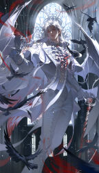  1boy absurdres aiguillette alternate_hair_length_(longer) ascot bat_wings bird black_bird cane chinese_commentary closed_mouth collared_shirt commentary_request crow ear_chain ear_piercing earrings epaulettes feet_out_of_frame frilled_shirt_collar frilled_sleeves frills gloves glowing glowing_eyes gold_trim highres holding holding_cane indoors jewelry lapels linked_piercing long_hair long_sleeves looking_at_viewer love_and_deepspace male_focus nose notched_lapels official_alternate_costume pants parted_bangs piercing red_eyes shirt slit_pupils solo sylus_(love_and_deepspace) sylus_(silverwing_fiend)_(love_and_deepspace) tianatian vampire very_long_hair white_ascot white_gloves white_hair white_pants white_shirt white_tailcoat white_wings wings 