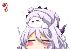  1girl :o ahoge blue_archive blush_stickers closed_eyes closed_mouth commentary_request dual_persona grey_hair hair_between_eyes highres hina_(blue_archive) horns kurukurumagical long_hair on_head parted_bangs parted_lips simple_background single_hair_intake sleeping very_long_hair white_background zzz 