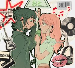  2girls artist_name blue_eyes cassette_tape commentary earphones eighth_note english_commentary eye_contact green_hair green_sweater headphones highres kininatteru_hito_ga_otoko_ja_nakatta koga_mitsuki listening_to_music long_hair long_sleeves looking_at_another multiple_girls musical_note oosawa_aya pink_eyes pink_hair psychosnroses road_sign shared_earphones shirt short_hair short_sleeves sign sweater upper_body vinyl_record white_shirt yuri 