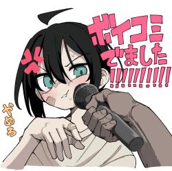  1girl absurdres anger_vein bandaid bandaid_on_hand black_hair commentary_request green_eyes hair_between_eyes highres holding holding_microphone microphone natsuki_gumi original simple_background solo_focus sweatdrop translation_request white_background 