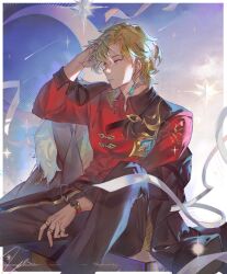 1boy aqua_eyes archionturkey aventurine_(honkai:_star_rail) aventurine_(jiaduobao)_(honkai:_star_rail) black_coat black_pants black_shirt blonde_hair blue_background chinese_clothes clouds cloudy_sky coat commentary crescent curtained_hair earrings english_commentary feet_out_of_frame fur-trimmed_coat fur_trim gold_trim gradient_background hair_between_eyes highres honkai:_star_rail honkai_(series) jewelry long_bangs medium_hair multicolored_eyes multiple_rings neck_tattoo outdoors pants playing_with_own_hair red_shirt ring shirt sky sleeve_cuffs solo star_(symbol) tassel tassel_earrings tattoo two-tone_shirt unworn_coat violet_eyes watch watch white_background 