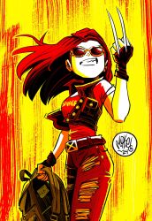  1girl abstract_background absurdres alt_text artist_logo bag belt biker_clothes black_gloves black_hair buttons claw_(weapon) claws clenched_teeth collared_jacket crop_top denim english_commentary fingerless_gloves gloves highres holding holding_bag jacket jeans logo long_hair marvel mikemaihack open_clothes open_jacket pants red_background red_shirt shirt signature sunglasses teeth torn_clothes torn_jeans torn_pants weapon x-23 x-men x_(symbol) yellow_background yellow_theme 