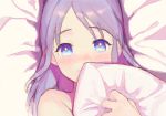  blush face higebu inazuma_eleven inazuma_eleven_(series) kudou_fuyuka long_hair looking_at_viewer lying pillow pillow_hug purple_hair 