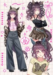 1girl absurdres animal_ears animal_print bare_shoulders beanie belt black_belt black_jacket black_nails black_pants black_shirt black_shoes black_sleeves brown_hair brown_shoes brown_skirt butterfly_print camisole closed_mouth ear_covers ears_through_headwear fake_nails fingernails flower grid_background hat heart highres horse_ears horse_girl horse_tail jacket ketsuge long_hair looking_at_viewer multiple_views orchid pants phalaenopsis_(umamusume) pink_camisole pink_nails ponytail sharp_fingernails shirt shoes skirt standing star_(symbol) studded_belt studs t-shirt tail twintails umamusume very_long_fingernails violet_eyes