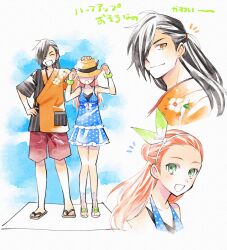  1boy 1girl :d arms_up black_hair black_sandals blue_one-piece_swimsuit bow bow_swimsuit breasts closed_eyes closed_mouth collarbone commentary_request dress_swimsuit eleanor_hume eleanor_hume_(summer_swimwear) enoki_(megaclam) floral_print frilled_one-piece_swimsuit frills from_side green_eyes green_scrunchie hair_bun hair_over_one_eye hand_on_another's_head hand_on_own_hip hand_up hands_up hat hat_over_eyes japanese_clothes layered_swimsuit light_blush long_hair male_swimwear official_alternate_costume one-piece_swimsuit open_mouth polka_dot polka_dot_swimsuit ponytail red_swim_trunks rokurou_rangetsu rokurou_rangetsu_(summer_swimwear) sandals scrunchie shirt small_breasts smile standing sweatdrop swimsuit tales_of_(series) tales_of_berseria tied_shirt translation_request very_long_hair white_background white_bow white_polka_dots white_sandals wrist_scrunchie yellow_eyes yellow_hat 