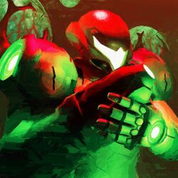  1girl arm_cannon armor assault_visor aura blue_bodysuit bodysuit commentary english_commentary green_assault_visor green_theme helmet highres metroid metroid_ravenous power_armor power_suit_(metroid) rivalclay samus_aran science_fiction skin_tight solo weapon 