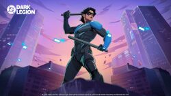  belt black_bodysuit black_gloves black_hair bodysuit dc:_dark_legion dc_comics dick_grayson escrima_sticks gloves gotham male_focus mask multicolored_bodysuit muscular muscular_male nightwing official_art superhero_costume taut_bodysuit taut_clothes two-tone_bodysuit utility_belt 