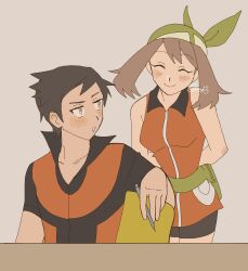  1boy 1girl arms_behind_back bandana bike_shorts blush brendan_(pokemon) brown_hair closed_eyes collarbone commentary_request green_bandana grey_background highres holding holding_pen looking_at_another may_(pokemon) pen pokemon pokemon_emerald pokemon_ruby/sapphire/emerald sanno_(snn_3) shirt signature sleeveless sleeveless_shirt smile 