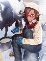  1girl absurdres animal ataririri beret blue_gloves breasts brown_hair bucket commentary contemporary cow dark-skinned_female dark_elf dark_skin denim denim_overalls elf elynea_(ataririri) english_commentary foot_out_of_frame glasses gloves green_eyes hair_over_one_eye hat highres large_breasts looking_at_viewer milk on_bucket open_mouth original outdoors plaid_clothes plaid_scarf pointy_ears red-framed_eyewear red_scarf scarf short_hair sitting snow snowing solo sparkle sparkling_aura sweater trembling udder white_hat yellow_sweater 