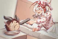  1girl alarm_clock anger_vein antennae arknights bed clock commentary demon demon_girl demon_horns english_commentary gun handgun hat highres hoederer_(arknights) holding holding_gun holding_weapon horns le_fish_au_chocolat nightcap objectification pointy_ears short_hair sleepy stock_photo w_(arknights) weapon white_hair 