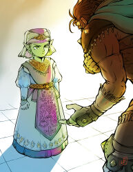  1boy 1girl angry arm_across_chest blonde_hair bowing brown_hair clenched_hand commentary dress english_commentary fingerless_gloves ganondorf glaring gloves gradient_background green_eyes hat highres knee_spikes om-nom-berries pointy_ears princess_zelda shoulder_spikes spikes the_legend_of_zelda the_legend_of_zelda:_ocarina_of_time the_legend_of_zelda:_ocarina_of_time_(remake) tile_floor tiles young_zelda 