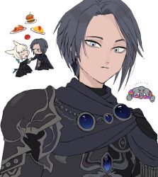  3girls androgynous animal_ears armor asian_indian_clothes cat_ears cat_girl ear_piercing earrings elephant_ears elephant_girl facial_mark final_fantasy final_fantasy_xiv food glaa_da grey_eyes grey_hair highres holding_hands hyur jewelry looking_at_viewer miqo'te multiple_girls nidhana pauldrons piercing short_hair shoulder_armor simple_background single_pauldron tusks white_background white_hair y'shtola_rhul zero_(ff14) 