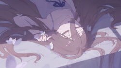  1girl absurdly_long_hair absurdres blue_bow bow brown_hair bug butterfly closed_eyes commentary_request dress hair_between_eyes highres long_hair lying nightgown on_back on_bed open_mouth samu_eri sense_(sousou_no_frieren) sleeping solo sousou_no_frieren very_long_hair white_butterfly white_dress white_nightgown 