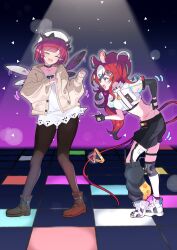  2girls absurdres animal_ear_fluff animal_ears belt bent_over beret black_belt black_hair black_streaks blue_eyes boots brown_cardigan cafelittle cardigan choker closed_eyes crystal_wings dancing demon_horns detached_pants double-parted_bangs double_finger_gun dress fang finger_gun fingerless_gloves gloves hair_between_eyes hakos_baelz hakos_baelz_(casual) hat highres hololive hololive_english horns iridescent_clothes iridescent_jacket irys_(casualrys)_(hololive) irys_(hololive) jacket jewelry knee_pads let's_groove_dance_(meme) light_particles long_hair medium_hair meme midriff mouse_ears mouse_tail multicolored_hair multiple_girls necklace pointy_ears red_hair shoes single_knee_pad single_sleeve smile spotlight streaked_hair tail tail_ornament thigh-highs thighs tile_floor tiles virtual_youtuber white_dress white_hair white_jacket white_shoes wings 