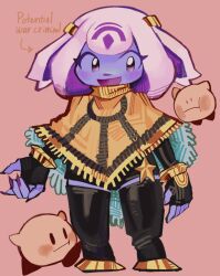  1boy 1girl arrow_(symbol) black_gloves black_thighhighs blush cloak closed_mouth colored_skin elbow_gloves english_text fingerless_gloves fingernails flying full_body funnylilghoul gloves gold_shoes hair_ornament highres kirby kirby_(series) kirby_and_the_world_beyond long_fingernails looking_at_viewer multicolored_hair mysterious_girl_(kirby_and_the_world_beyond) no_humans no_sclera open_mouth pink_background pink_skin purple_hair purple_nails purple_skin shoes sidelocks smile solid_oval_eyes solo solo_focus star_pin thigh-highs two-sided_cloak two-sided_fabric two-tone_hair violet_eyes white_hair yellow_cloak 