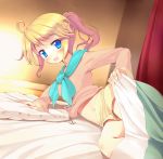 :d bad_id bed blanket blonde_hair blue_eyes blush come_hither esia_mariveninne komone_ushio lying navel on_side open_mouth original pillow ponytail short_hair shorts smile solo under_covers