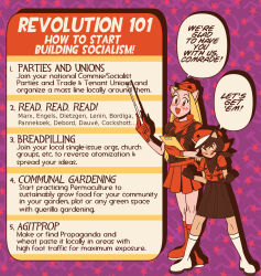  2girls :d agitprop alunya animal_ears bandana black_bandana black_hair black_overalls black_shirt black_skirt blonde_hair blush book boots breast_pocket breasts cat_ears cat_girl cat_tail clenched_hands clothing_request communism confident flat_cap full_body garden guide hammer_and_sickle hardkoba hat height_difference high-waist_skirt highres holding holding_notebook holding_stick knee_boots leftypol looking_at_viewer miniskirt multiple_girls notebook open_mouth overall_skirt overalls pocket propaganda red_bandana red_boots red_eyes red_overalls red_shirt red_skirt red_socks red_star rodina_(picg) scarf shirt shirt_tucked_in skirt small_breasts smile smirk socks star_(symbol) stick tail tongue white_boots white_socks 