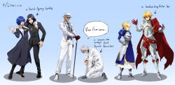  2girls 4boys absurdres ahoge arm_around_shoulder armor armored_dress artoria_pendragon_(fate) black_hair blonde_hair blue_hair blue_necktie bowing braid braided_base braided_ponytail breasts bun_with_braided_base cane cape ciel_(tsukihime) closed_eyes cross cross_necklace dress english_text eyepatch fate/stay_night fate/strange_fake fate_(series) gauntlets gloves grey_hair grey_shoes hair_bun hair_ribbon hands_on_own_hips hansa_cervantes hat highres holding holding_cane jacket jester_karture jewelry latin_cross linus208 long_sleeves medium_hair multicolored_hair multiple_boys multiple_girls necklace necktie nun open_mouth priest red_cape red_gloves red_hair red_streaks ribbon richard_i_(fate) saber_(fate) shirt shoes short_hair side_cape simple_background single_braid smile streaked_hair suit trait_connection tsukihime van-fem white_background white_hat white_suit 