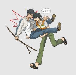  2boys absurdres black_hair black_socks blue_eyes blue_pants brown_shoes carrying character_name chinese_commentary chinese_text closed_eyes commentary_request false_memory green_pants grey_background guan_chao_(false_memory) he_mingshuo high-visibility_clothing high-visibility_vest high_tops highres holding holding_stick id_card jacket leg_up male_focus multiple_boys open_clothes open_jacket open_mouth orange_vest pants pants_rolled_up princess_carry running sandals shirt shoelaces shoes short_sleeves simple_background slides smlie sneakers socks speech_bubble spiky_hair stick sweatdrop tear_troughs translation_request tuifeiing vest white_shirt wings 