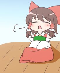  1girl blush bow ccc_star5 chibi commentary_request cookie_(touhou) dress frilled_hair_tubes frills hair_tubes hakurei_reimu long_sleeves mini_person puff_of_air red_bow red_dress red_ribbon ribbon sakenomi_(cookie) sitting touhou wooden_floor 