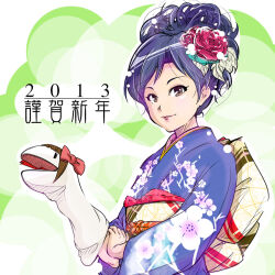  1girl 2013 alternate_hairstyle amami_haruka big_hair blue_hair blue_kimono brown_eyes chinese_zodiac commentary_request flower hair_flower hair_ornament hand_puppet idolmaster idolmaster_(classic) japanese_clothes kimono kisaragi_chihaya lips looking_at_viewer obi puppet red_flower sash sock_puppet solo takahashi_ren upper_body year_of_the_snake 
