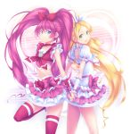  blonde_hair blue_eyes collarbone cure_melody cure_rhythm earrings flat_chest green_eyes hairband hand_holding holding_hands houjou_hibiki jewelry long_hair magical_girl midriff minamino_kanade multiple_girls musical_note nanakusa pink_hair pink_legwear ponytail precure skirt smile staff_(music) standing suite_precure thigh-highs thighhighs twintails very_long_hair 