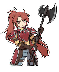  1girl absurdres armor axe belt brown_belt brown_gloves commentary cropped_legs double-sided_axe fire_emblem fire_emblem:_radiant_dawn floating_hair gloves high_ponytail highres holding holding_polearm holding_weapon jill_(fire_emblem) kita_senju long_hair pauldrons polearm ponytail red_armor red_eyes red_hair shoulder_armor simple_background solo tunic weapon white_background yellow_tunic 