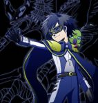  antennae belt blue_hair cape chimeramon digimon digimon_adventure_02 digimon_adventures_02 facial_mark forehead_mark glasses gloves ichijouji_ken male outstretched_arm outstretched_hand sairen_ayame smirk solo sunglasses uniform wormmon 