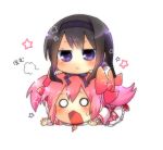  :&lt; akemi_homura bad_id black_hair blush bow chibi flat_gaze gloves hair_bow hairband kaname_madoka long_hair lowres magical_girl mahou_shoujo_madoka_magica multiple_girls no_nose nomeshi o_o person_on_head pink_eyes pink_hair purple_eyes ribbon school_uniform star sweatdrop violet_eyes 