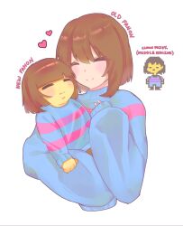  1girl 2026 2d 2others aged_down aged_up ambiguous_gender baby_carry blue_sweater brown_hair carrying carrying_person child commentary cropped_torso digital_media double_horizontal_stripe english_commentary english_text fairyctrl female frisk_(undertale) genderswap genderswap_(otf) horizontal-striped_clothes human multiple_others multiple_persona pink_stripes pixel_art_inset short_hair simple_background striped_sweater sweater text two-tone_sweater undertale utdr_(toby_fox) white_background 