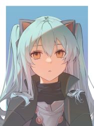  1girl animal_ear_hairband animal_ears ao_no_kiseki armor black_cape blue_background blue_hair border breastplate cape capelet cat_ear_hairband cat_ears commentary double-parted_bangs eiyuu_densetsu english_commentary fake_animal_ears hairband high_collar highres long_hair looking_at_viewer outside_border qian_ko simple_background solo straight-on tio_plato turtleneck twintails upper_body white_border yellow_eyes zero_no_kiseki 