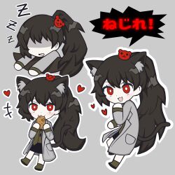  +++ 1girl :3 :d absurdres animal_ears bear_hair_ornament carmen_(project_moon) cat_ears cat_tail coat commentary_request debbie_kimm food grey_background grey_coat hair_ornament hand_up heart highres kemonomimi_mode lapels lobotomy_corporation multiple_views notched_lapels open_mouth pocket project_moon red_eyes simple_background smile speech_bubble tail taiyaki translated wagashi zzz 