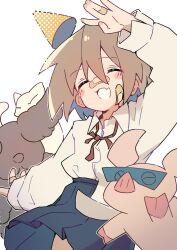  1girl 1other absurdres bandaid bandaid_on_face bandaid_on_finger bandaid_on_hand bandaid_on_nose birthday blue_skirt blush blush_stickers brown_hair cat closed_eyes collared_shirt commentary cowboy_shot do_it_yourself!! fang happy_birthday hat highres long_hair long_sleeves megateru open_mouth party_hat pig pig_trotters pleated_skirt salute shirt simple_background skin_fang skirt smile solo_focus white_background white_shirt yua_serufu 