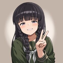  1girl black_hair blunt_bangs braid braid_over_shoulder braided_sidelocks commentary green_serafuku green_shirt grey_background highres kantai_collection ki-51_(ampullaria) kitakami_(kancolle) kitakami_kai_san_(kancolle) long_hair long_sleeves looking_at_viewer sailor_collar school_uniform serafuku shirt sidelocks simple_background smile solo upper_body v violet_eyes 