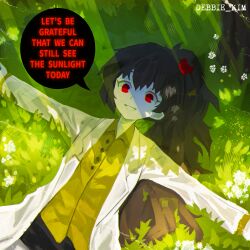  1girl absurdres bear_hair_ornament buttons carmen_(project_moon) coat collared_shirt commentary_request dappled_sunlight debbie_kimm english_text flower green_shirt hair_ornament highres lab_coat lapels lobotomy_corporation long_hair looking_at_viewer lying notched_lapels on_back open_mouth project_moon shirt smile solo speech_bubble sunlight tree white_coat white_flower 