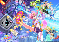  ahoge amenochi_hare_onna animal_ears commentary_request fighting_stance harewatari_himawari kicking magical_girl multiple_girls navel official_art pink_hair ponytail shorts 