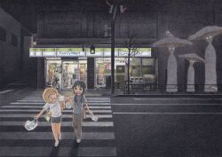  2girls bag bicycle black_hair blonde_hair blue_shirt chinese_commentary chito_(shoujo_shuumatsu_ryokou) closed_eyes colored_pencil colored_pencil_(medium) commentary_request contemporary convenience_store creature crossover familymart glowing glowing_eyes grey_pants highres holding holding_bag low_twintails multiple_girls mushroom night omure_small_group open_mouth pants pencil plastic_bag shirt shop shorts shoujo_shuumatsu_ryokou traditional_media traffic_light twintails walking white_shirt yuuri_(shoujo_shuumatsu_ryokou) 
