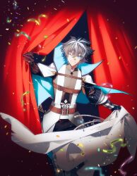  1boy absurdres armor belt black_gloves black_hair blue_eyes cape charlemagne_(fate) charlemagne_(first_ascension)_(fate) chest_belt chinese_commentary commentary_request confetti curtains fate/grand_order fate_(series) feet_out_of_frame gloves hair_between_eyes highres holding holding_cloak holding_unworn_clothes idass_(idass16) looking_at_viewer male_focus multicolored_hair one_eye_closed open_mouth puff_and_slash_sleeves puffy_sleeves short_hair smile solo streaked_hair two-sided_cape two-sided_fabric two-tone_hair white_cape white_hair 