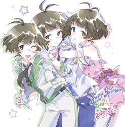  3boys :d ;d akizuki_ryo antenna_hair belt black_belt black_necktie blue_pants brown_eyes brown_hair character_name commentary_request crossdressing crossdressing_(mtf) cute_&amp;_girly_(idolmaster) dated fingerless_gloves gloves happy_birthday highres idolmaster idolmaster_dearly_stars idolmaster_side-m jacket lapels looking_at_viewer male_focus multiple_boys multiple_persona nara1508 necktie notched_lapels official_alternate_costume one_eye_closed open_clothes open_jacket pants short_hair smile snow_strawberry_(idolmaster) star_(symbol) thigh-highs trap w white_belt white_gloves white_jacket white_pants white_thighhighs 