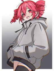  1girl absurdres ahoge black_thighhighs commentary cowboy_shot drill_hair english_commentary fang from_below ghuler gradient_background grey_hoodie hair_between_eyes hands_in_pockets highres hood hood_down hoodie kasane_teto kasane_teto_(sv) long_sleeves looking_down open_mouth red_eyes red_hair simple_background smile solo synthesizer_v thigh-highs thighs twin_drills twintails utau vocaloid zettai_ryouiki 