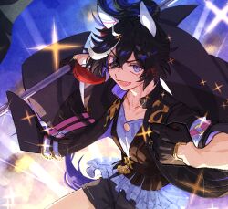  1girl animal_ears belt black_gloves black_hair blue_eyes blue_shirt clenched_hand collarbone commentary_request ear_covers flag flagpole gloves hair_between_eyes hair_ornament holding holding_pole horse_ears horse_girl horse_tail jacket jagaimobeniko katsuragi_ace_(dragon_rising_to_the_top)_(umamusume) katsuragi_ace_(umamusume) letterboxed long_sleeves medium_hair multicolored_gloves multicolored_hair open_mouth over_shoulder pink_belt pole ponytail shirt smile solo sparkle standing streaked_hair tail tassel tassel_hair_ornament two-tone_gloves umamusume white_hair 
