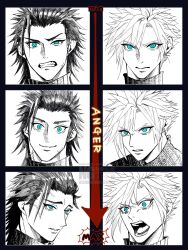  2boys anger_vein angry black_border blue_eyes border clenched_teeth closed_mouth cloud_strife commentary_request earrings final_fantasy final_fantasy_vii hair_slicked_back highres jewelry male_focus multiple_boys open_mouth portrait r_niiico7 ribbed_sweater short_hair sleeveless sleeveless_turtleneck spiky_hair spot_color stud_earrings sweater teeth turtleneck turtleneck_sweater upper_body veins zack_fair 