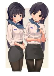  2girls absurdres bad_id bad_twitter_id black_hair black_skirt blue_eyes blue_neckerchief brown_eyes brown_pantyhose cropped_legs highres idolmaster idolmaster_(classic) idolmaster_million_live! kisaragi_chihaya light_frown light_smile long_hair looking_at_another miniskirt mogami_shizuka multiple_girls neckerchief pantyhose pencil_skirt shirt side-by-side skirt soayo standing white_shirt 