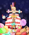  absurdres beret blonde_hair boots bow cake candy charlotte_(madoka_magica) crucifixion detached_sleeves drill_hair fingerless_gloves food gloves hair_ornament hat highres lollipop magical_girl mahou_shoujo_madoka_magica pocky puffy_sleeves thigh-highs thighhighs tomoe_mami tongue vertical-striped_legwear vertical_stripes witch&#039;s_labyrinth witch's_labyrinth yellow_eyes 