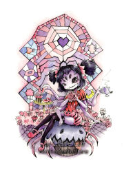  1girl 2018 2d anthro arachnid arthropod arthropod_girl artist_name black_hair black_sclera black_thighhighs blouse bow claire8783 colored_sclera colored_skin creature cup doughnut extra_arms extra_eyes fangs female female_only flower food full_body hair_bow heart heart_print high_heels highres holding holding_cup holding_flower holding_food mary_janes monster monster_girl muffet muffet's_pet muffin pink_flower pink_shoes puffy_short_sleeves puffy_shorts puffy_sleeves purple_skin purple_soul_(utdr) red_blouse red_bow red_romper romper shoes short_twintails shorts signature simple_background sitting solo soul_(utdr) spider spider_girl spider_web stained_glass teacup thigh-highs traditional_media twintails undertale utdr_(toby_fox) watercolor_(medium) watermark white_background 