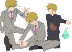  1boy belt black_shoes black_socks brown_hair cgvske1003 closed_mouth collared_shirt commentary_request cross-body_stretch ekubo_(mob_psycho_100) grey_jacket grey_pants hand_in_pocket heavy_breathing highres jacket korean_commentary long_sleeves male_focus mob_psycho_100 multiple_views necktie pants pink_necktie pointing reigen_arataka shirt shoes simple_background sitting socks sparkle stretching sweat trembling white_background 