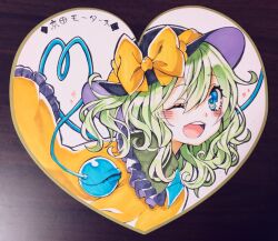  1girl :d ;d black_hat blue_eyes bow circle_name commentary_request disembodied_linked_eye frilled_sleeves frills green_hair hat hat_bow hat_ribbon heart heart_of_string highres komeiji_koishi kyouda_suzuka long_hair long_sleeves looking_at_viewer marker_(medium) one_eye_closed open_mouth ribbon shikishi shirt smile solo teeth touhou traditional_media upper_teeth_only yellow_bow yellow_ribbon yellow_shirt 