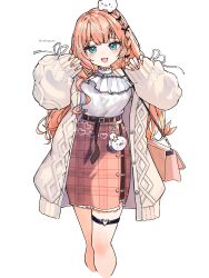  1girl arms_up azarashii_(igarashi_rika) bag belt black_ribbon braid breasts brown_belt brown_skirt cable_knit cardigan chain commentary_request cropped_legs curled_fingers double-parted_bangs dress earrings familiar fingernails frilled_dress frilled_skirt frills hair_ornament hair_ribbon hairclip handbag heart heart_o-ring highres igarashi_rika igarashi_rika_(3rd_costume) jewelry large_breasts long_fingernails long_hair long_sleeves looking_at_viewer multicolored_hair nail_polish neko_kai-san nijisanji o-ring o-ring_thigh_strap official_alternate_costume official_alternate_hairstyle on_head open_cardigan open_clothes orange_hair orange_nails parallel_hairclips plaid_clothes plaid_skirt puffy_long_sleeves puffy_sleeves ribbon side_braid simple_background skirt sleeves_past_wrists solo streaked_hair thigh_strap twitter_username two-tone_hair virtual_youtuber wavy_hair white_background white_streaks 