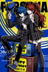  2girls arm_support black_jacket black_pants black_thighhighs blue_eyes blue_hat blue_shoes brown_eyes brown_hair character_name copyright_name crt dated filler_text happy_birthday hat highres holding holding_unworn_clothes holding_unworn_hat houndstooth jacket kimioharuka kujikawa_rise looking_at_viewer multiple_girls pants persona pleated_skirt reverse_trap shirogane_naoto shoes skirt smile thigh-highs twintails twitter_username unworn_hat unworn_headwear v 